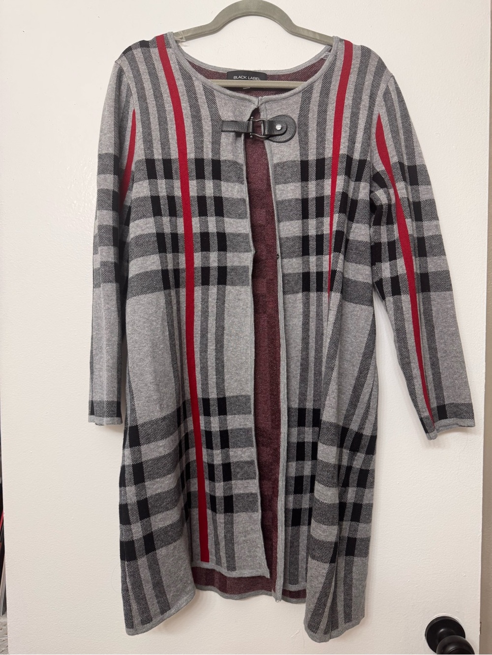 Black Label Gray Plaid Cardigan with Black & Red Accents